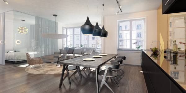 Moderní kuchyně, jídelna, obývací pokoj a ložnice s designovým osvětlením